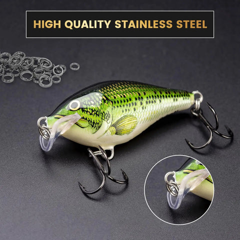 Heavy Duty Stainless Steel Split Ring Set With Pliers 200 Pcs Fishing Lures Rigs Leaders Connector Kit showcasing a lure close-up