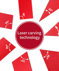 Red angular blocks with degrees and text "Laser carving technology," related to woodworking setup.