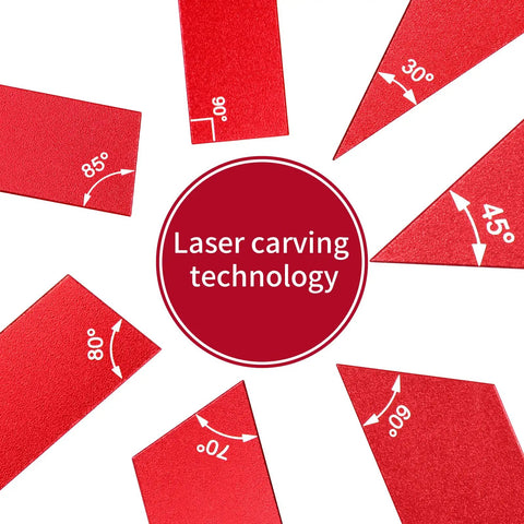 Red angular blocks with degrees and text "Laser carving technology," related to woodworking setup.