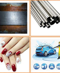 Variety image with metal plate, stainless steel tubes, manicured nails, and car wash illustration