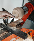 Heavy Duty Woodturning Hollowing Tool With Replaceable Carbide Tipped Round Blade And Solid Beech Handle in use on a lathe.
