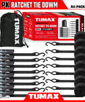 Heavy Duty 8 Pack Ratchet Tie Down Straps 1 Inch by 10 Feet in black with zinc plated hardware and pouch for secure hauling.