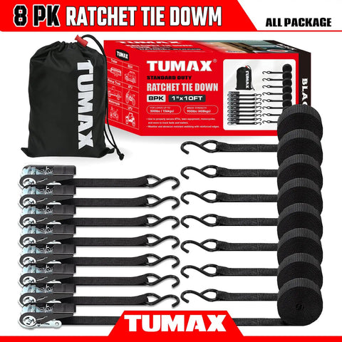 Heavy Duty 8 Pack Ratchet Tie Down Straps 1 Inch by 10 Feet in black with zinc plated hardware and pouch for secure hauling.