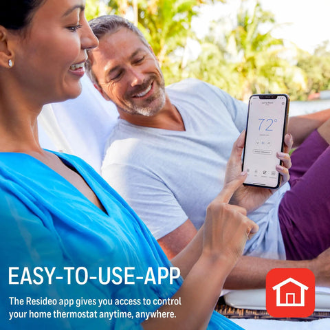 Couple using app for WiFi Smart Thermostat With Touchscreen Display, Room Sensor Ready, And Alexa And Google Assistant Support