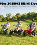Three people riding Gas Powered Off Road Go Kart For Adults And Teens With 63cc 2.5HP Engine on grass field