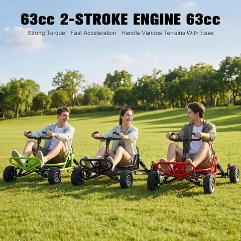 Three people riding Gas Powered Off Road Go Kart For Adults And Teens With 63cc 2.5HP Engine on grass field