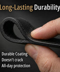Close-up of smooth black leather edge coat with text highlighting durability, shows texture of edge finish for purses and shoes.