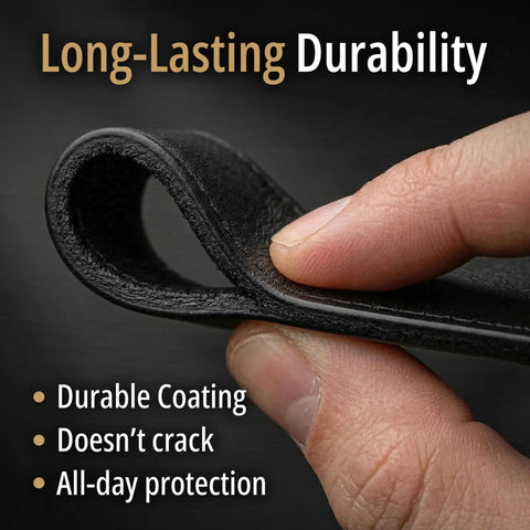 Close-up of smooth black leather edge coat with text highlighting durability, shows texture of edge finish for purses and shoes.
