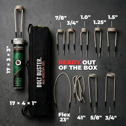 Bolt Buster 1800W magnetic induction heater kit, front view with coil attachments and carrying bag