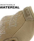 Original Tactical Glove With High Performance Anti Slip Grip For Real World Job Sites And Touchscreen Ready Safety Gear Impact Resistant Protection Medium Fit In Coyote Brown All Day Comfort And Flexible Cuff featuring breathable material and close-up view of the CoolPlus woven-mesh back.