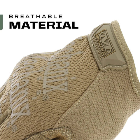 Original Tactical Glove With High Performance Anti Slip Grip For Real World Job Sites And Touchscreen Ready Safety Gear Impact Resistant Protection Medium Fit In Coyote Brown All Day Comfort And Flexible Cuff featuring breathable material and close-up view of the CoolPlus woven-mesh back.