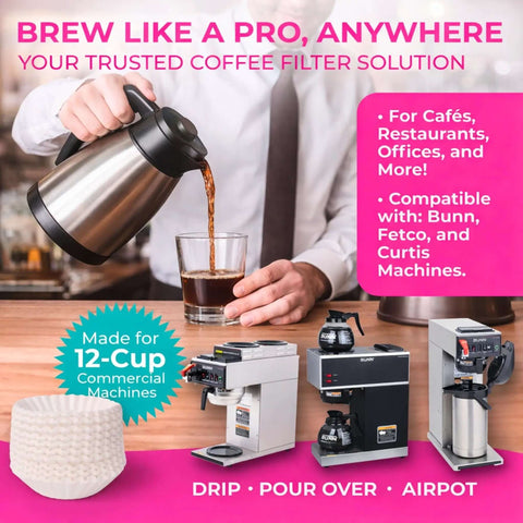 Large Commercial Coffee Filters 9.5 X 4.5 Inches For 12-Cup BUNN Fetco And Curtis Coffee Machines displayed with brewers