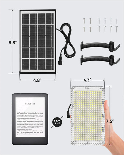 "Ridiculously Bright Solar Dusk To Dawn Flood Light With 1000 Lumens, 299 LED, 4000mAh Battery, IP65 Waterproof Outdoor Security Light for wall porch shed barn, solar panel, and hardware shown"