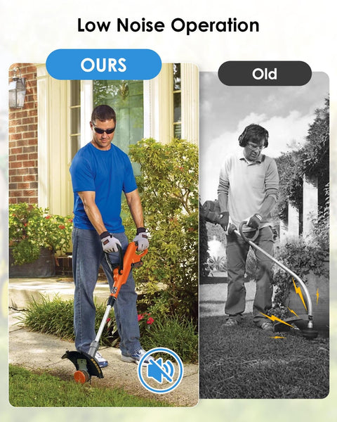 Low noise trimmer comparison: modern vs old models in garden use, highlighting Bevel Gear Head Assembly for Husqvarna Trimmers.