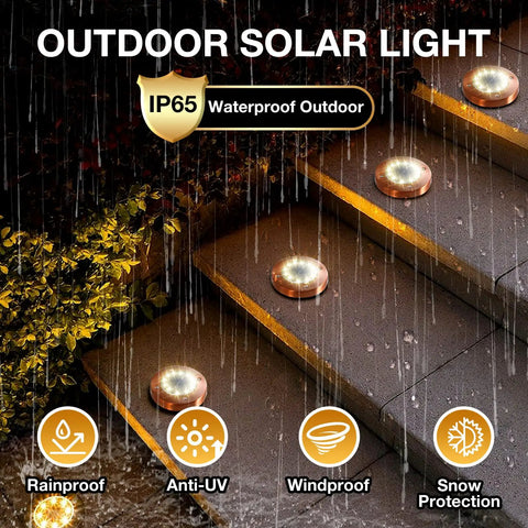 Bronze Solar In Ground Disc Lights 8 Pack illuminating wet outdoor steps, showing waterproof feature and garden installation.