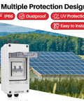 Image of 63 Amp DC Solar Disconnect Switch Isolator 1000V for solar power, showing weatherproof enclosure and solar panels background.
