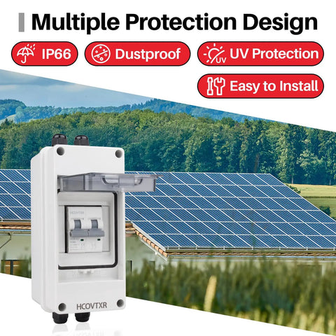 Image of 63 Amp DC Solar Disconnect Switch Isolator 1000V for solar power, showing weatherproof enclosure and solar panels background.
