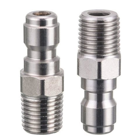 Two chrome RIDGE WASHER pressure washer couplers with 1/4 in quick-connect plugs and male NPT threads