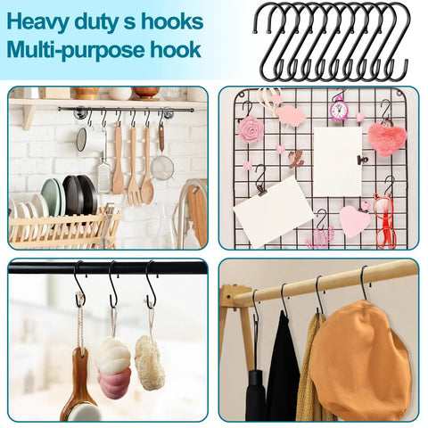 Heavy Duty 3.5 Inch S Hooks Set of 24 Black Metal S Shaped Hooks for Hanging Plants Towels Pans Bags Utensils and More on Closet Rods Racks and Wire Shelves, shown in use for hanging kitchen utensils, decor, and accessories.