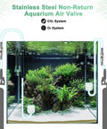 Front view: stainless steel one-way aquarium check valve set with two plastic valves and two suction cups