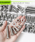 304 stainless steel bolt nut set displayed in hand with washers and nuts, showcasing heavy-duty hardware ideal for various DIY projects.