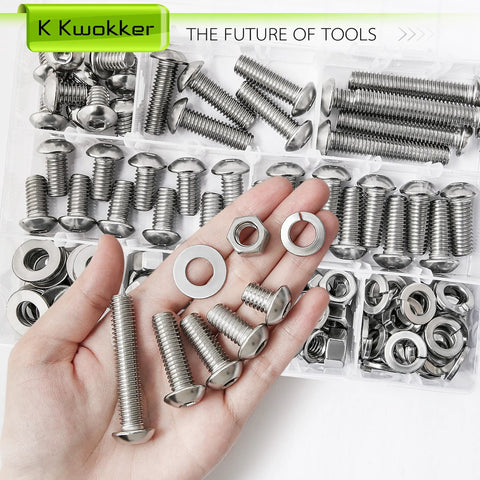 304 stainless steel bolt nut set displayed in hand with washers and nuts, showcasing heavy-duty hardware ideal for various DIY projects.