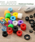 Premium Skateboard Bushings And Truck Rebuild Kit With Hella Tough Washers And Pivot Cups Set In Durable Polyurethane Black, assorted colorful bushings on wood.