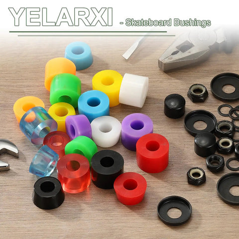 Premium Skateboard Bushings And Truck Rebuild Kit With Hella Tough Washers And Pivot Cups Set In Durable Polyurethane Black, assorted colorful bushings on wood.