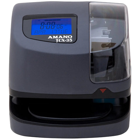 Amano TCX-35 Top Tier Electronic Time Clock For Employee Shift Tracking And Small Business Attendance, gray with digital display.