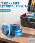 Blue Electrical Tape 5 Pack 3/4 Inch By 66 Feet Industrial Grade Pro Grade Tough 7 Mil Thick Flame Retardant Waterproof PVC Tape 600V UL Listed CSA Listed displayed on a table with a toolbox in the background.