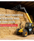 Tough As Nails Heavy Duty Telescopic Handler Forklift With Smart Safety Interlocks Extendable Boom Sleeve Up To Ten Meters and Quick Swap Adapter Brackets lifting hay bales in a barn.