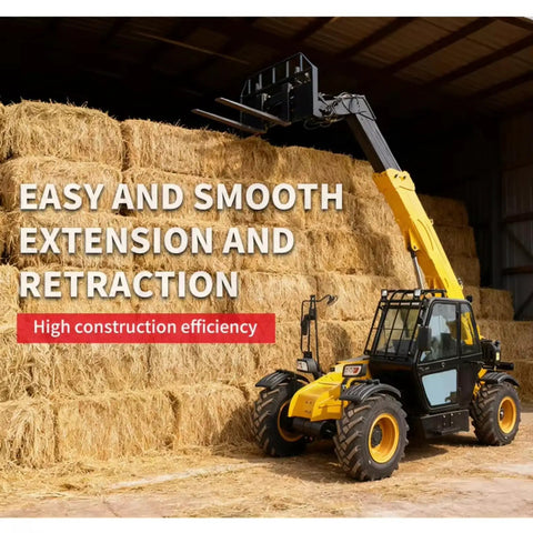 Tough As Nails Heavy Duty Telescopic Handler Forklift With Smart Safety Interlocks Extendable Boom Sleeve Up To Ten Meters and Quick Swap Adapter Brackets lifting hay bales in a barn.
