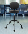 Built Tough Heavy Duty Shop Stool With Ergonomic Backrest And High Footrest 360 Degree Swivel Adjustable Height From 24 To 27 Inches Dual Locking Rubber Wheels With Anti Slip Brakes Protect Floors 350 Pound Capacity For Garage And Workshop