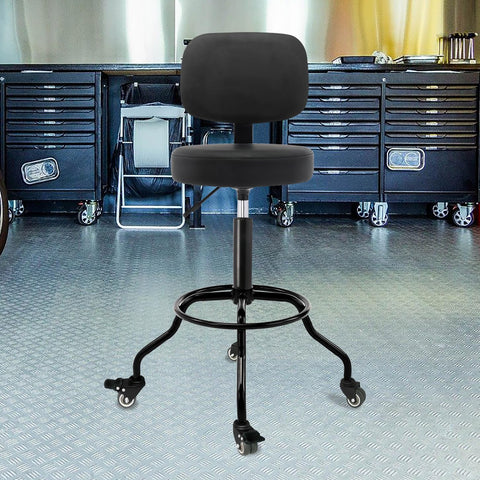 Built Tough Heavy Duty Shop Stool With Ergonomic Backrest And High Footrest 360 Degree Swivel Adjustable Height From 24 To 27 Inches Dual Locking Rubber Wheels With Anti Slip Brakes Protect Floors 350 Pound Capacity For Garage And Workshop