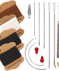 Upholstery repair kit with 4 waxed thread spools in brown/white/black and 7 heavy-duty needles plus tools