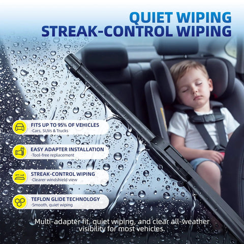 Deadly Smooth 22 Inch Windshield Wiper Blades 2 Pack All Weather Flexible Rubber Coated Wipers on car window with rain droplets.