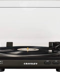 Crosley T400D Black Fully Automatic 2-Speed Turntable With Built-in Bluetooth Speaker Output And Preamp, front view with vinyl record.