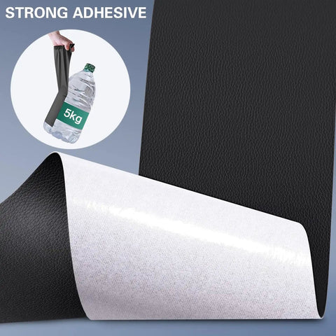 Mega Self Adhesive Faux Leather Patch Strip For Seamless Couch And Auto Seat Repair Heavy Duty Vinyl Film showing strong adhesive backing.