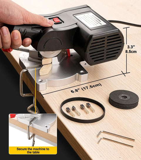 Mini Miter Cut Off Chop Saw For Metal And Wood Crafts, 0 To 45 Degree Miter, 6000 RPM High Speed, installed on table for precise cutting
