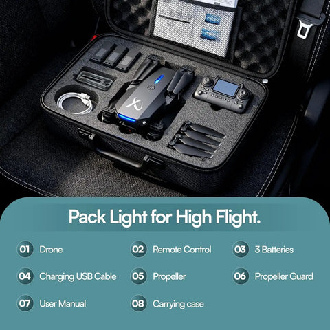 4K UHD Camera Drone With Built-In Screen Remote No Phone Needed, Foldable WiFi FPV Quadcopter with accessories in carrying case.