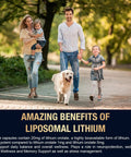 Family walking dog in park with text about Liposomal Lithium Orotate 20mg Capsules With Magnesium Glycinate Lions Mane Bacopa Phosphatidylserine And Ashwagandha For Mood Boost Immune Health And Digestive Wellness