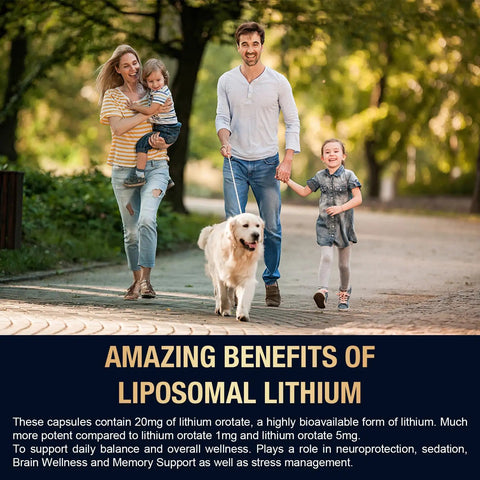 Family walking dog in park with text about Liposomal Lithium Orotate 20mg Capsules With Magnesium Glycinate Lions Mane Bacopa Phosphatidylserine And Ashwagandha For Mood Boost Immune Health And Digestive Wellness