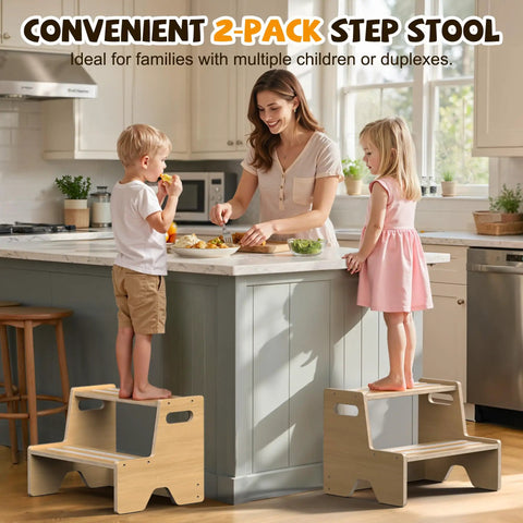 Straight Up Solid Two Pack Wooden Step Stool For Toddlers Totally Anti Slip And Super Secure Perfectly Sized For Potty Training, kids using stools in kitchen.