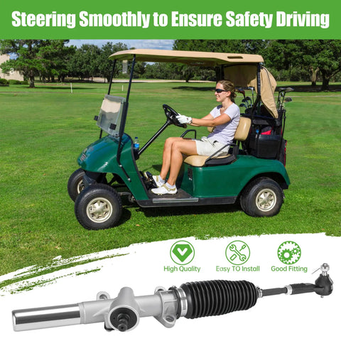 A woman driving a green golf cart with displayed Beefed-Up Steering Gear Box Assembly For EZGO TXT Golf Cart 2001 And Up