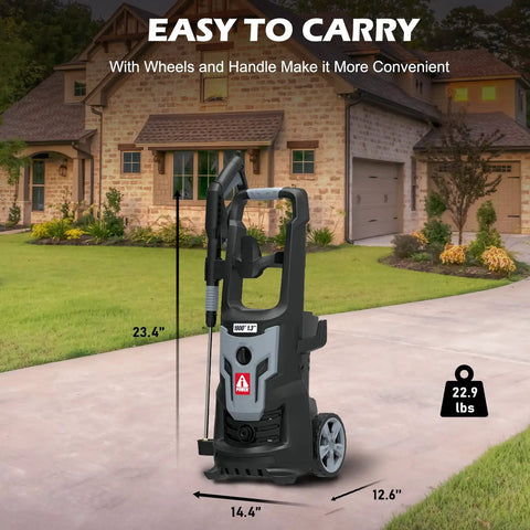 Beast Mode Electric Pressure Washer 1800 PSI With 1.3 GPM standing on driveway, easy to carry with wheels and handle