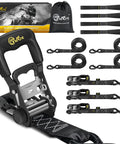4 Piece Ratchet Strap Tie Down Kit With Beefy Padded Handles Coated S Hooks And Safety Clips Includes 18 Inch Soft Loop Tie Downs Plus 10 Foot Straps In 1.6 Inch Width For Heavy Duty Load Control And 6000 Lb Break Strength, featuring black straps and handles.