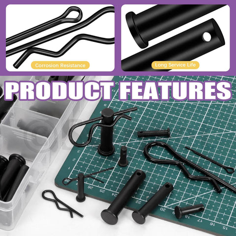 100 Piece Clevis Pin And Cotter Pin Kit With 10 Sizes Flat Head Pins R Pins Hairpins And Split Pins displayed on mat