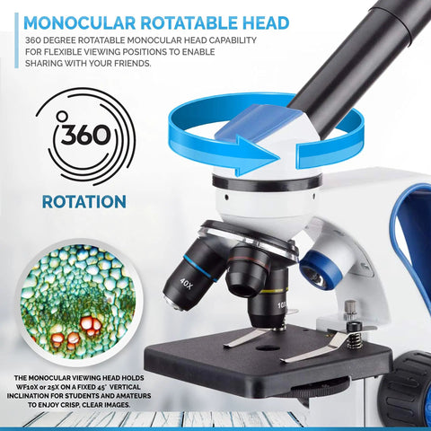 Monocular rotatable head of 40X-1000X Dual Light All-Metal Microscope Kit For Students And Kids With Slides And Microscope Book