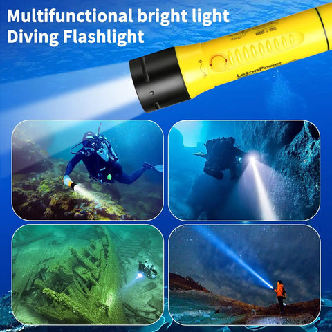 Underwater Dive Light 1800 Lumens Beast Brightness Waterproof IP68 To 100m Rechargeable 5500K White Beam in action underwater scenes.