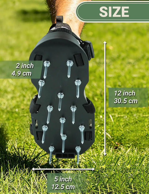 Easy Gripping Lawn Aerator Shoes With Dual Straps No Installation Required One Size Fits All shown with size dimensions